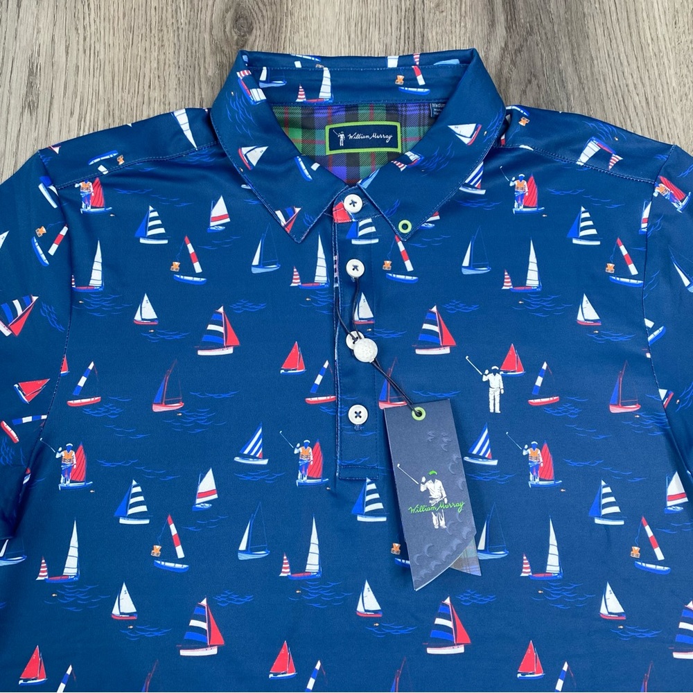 New William Murray Polo Shirt Men’s M Golf Short Sleeve Sail Away Navy Blue $88‎